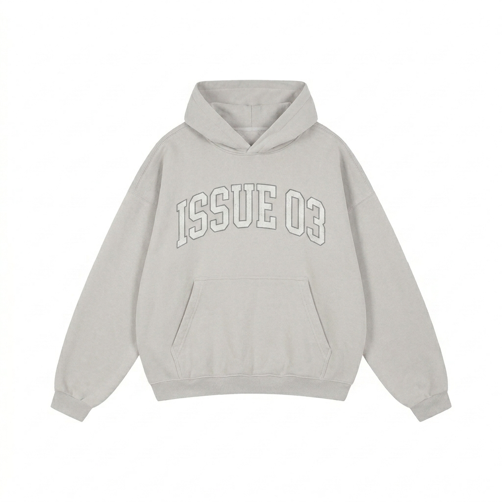 Custom Oversized Boxy Fleece Hoodie design direction 3: Collegiate Arch Wordmark featuring the ISSUE 03 wordmark