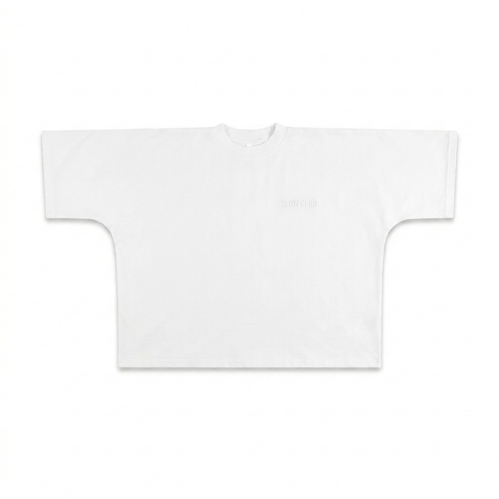 Custom Oversized Boxy T-Shirt design direction 1: Subtle Left Chest Embroidery featuring the SLOW CLUB wordmark