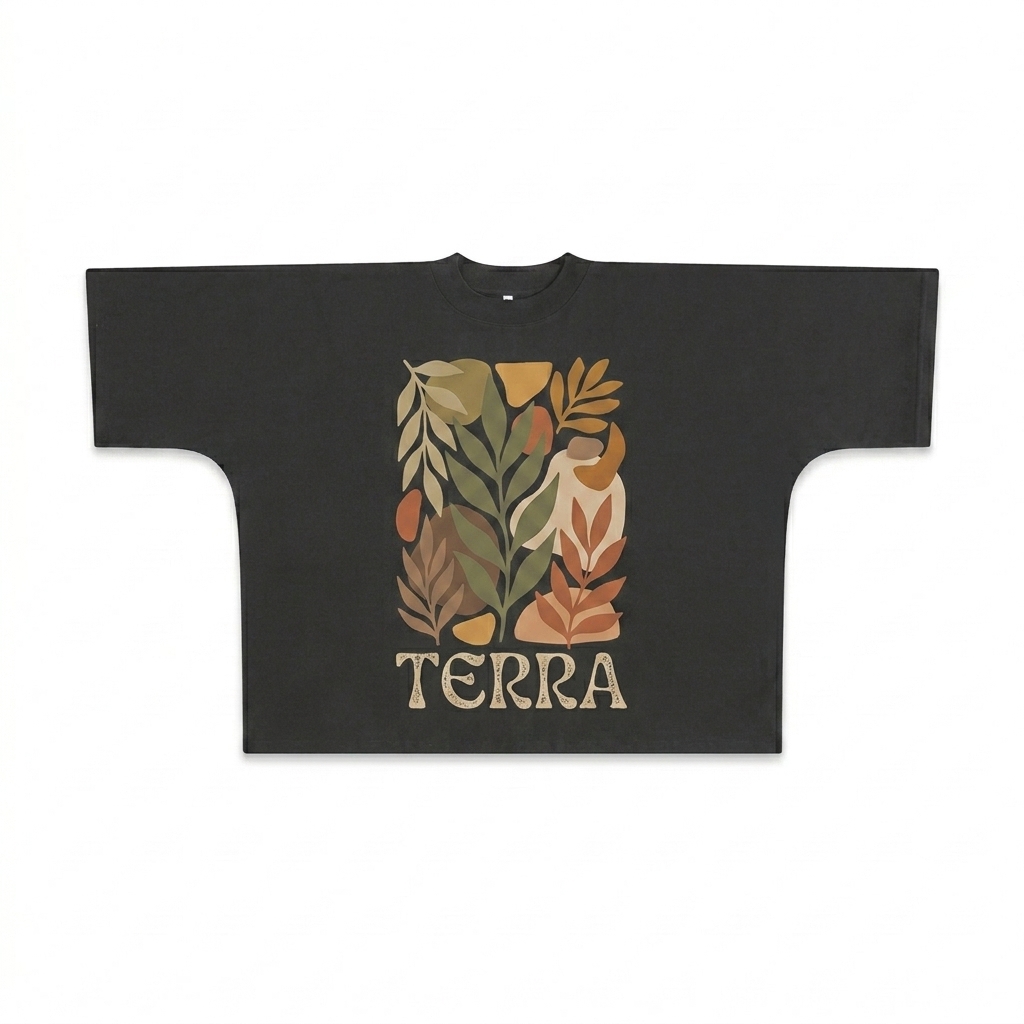 Custom Oversized Boxy T-Shirt design direction 2: Abstract Nature Graphic featuring the TERRA wordmark