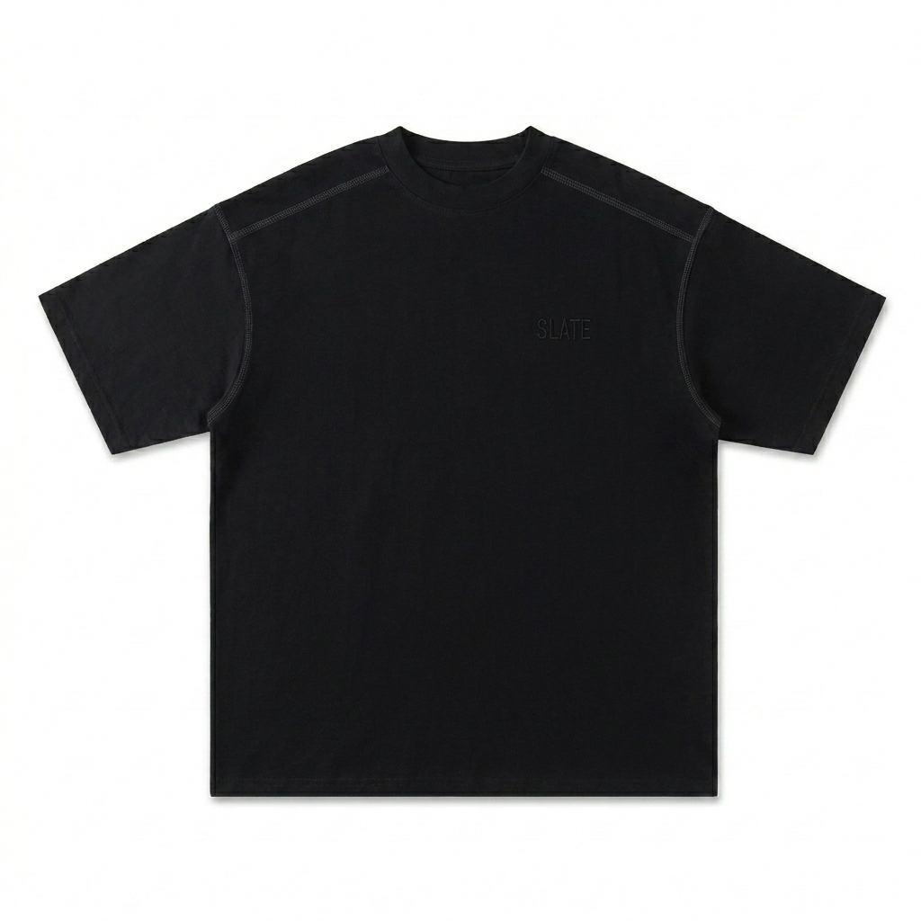 Custom Oversized Contrast-Stitched Cotton Tee design direction 1: Tonal Minimalist Wordmark featuring the SLATE wordmark