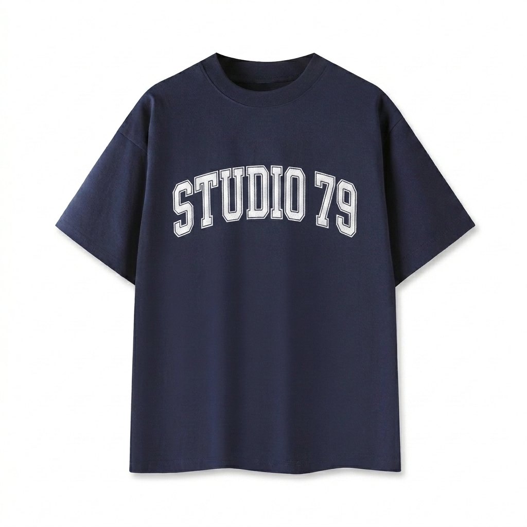 Custom Oversized Cotton T-Shirt design direction 3: Retro Collegiate Emblem featuring the STUDIO 79 wordmark