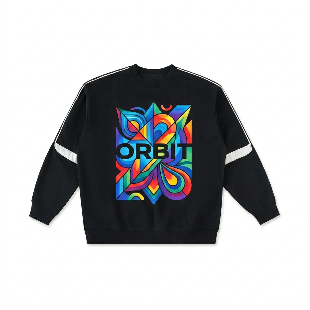Custom Oversized Crewneck Sweatshirt design direction 2: Bold Abstract Graphic featuring the ORBIT wordmark