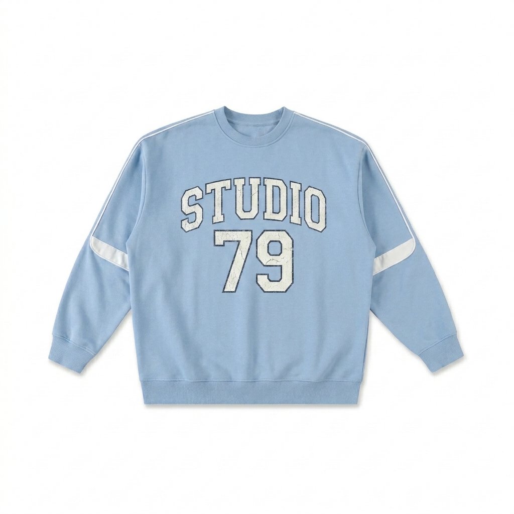Custom Oversized Crewneck Sweatshirt design direction 3: Retro Collegiate Emblem featuring the STUDIO 79 wordmark