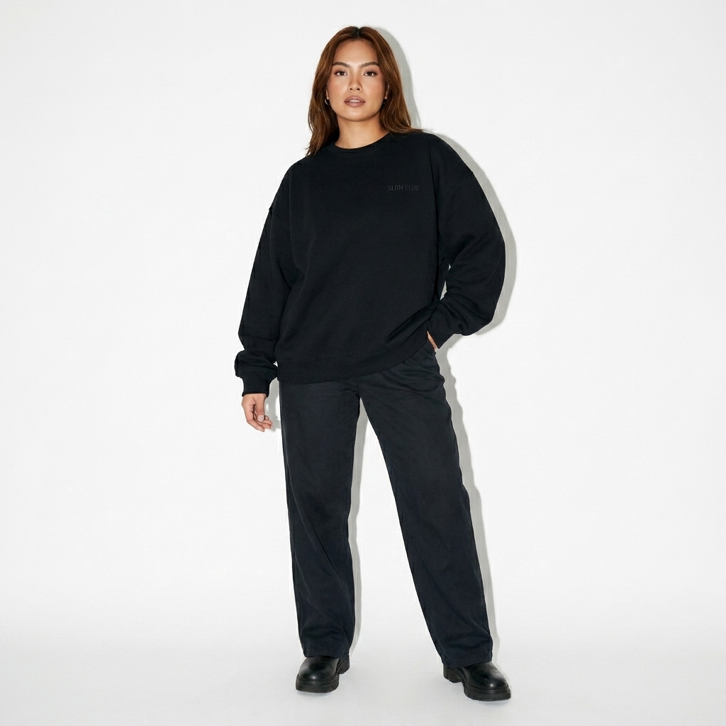 Oversized Drop Shoulder Crewneck Sweatshirt worn by a mid-size Filipino female fashion influencer, downtown streetwear styling, studio lookbook — custom oversized drop shoulder crewneck sweatshirt