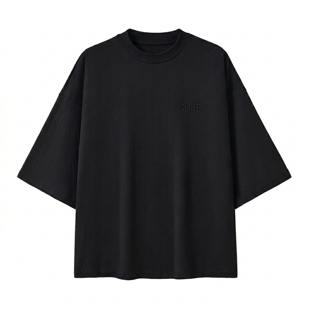 Custom Oversized Drop Shoulder T-Shirt design direction 1: Tonal Embroidered Wordmark featuring the SLATE wordmark