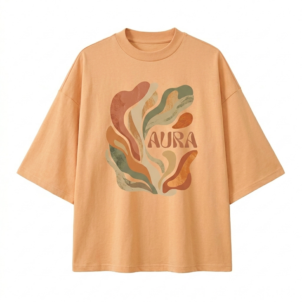Custom Oversized Drop Shoulder T-Shirt design direction 2: Abstract Graphic Print featuring the AURA wordmark