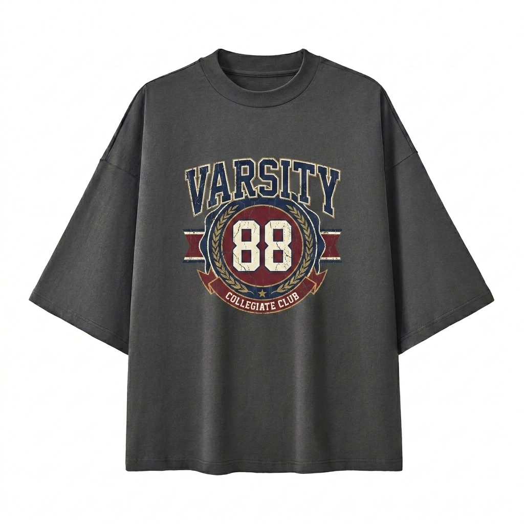 Custom Oversized Drop Shoulder T-Shirt design direction 3: Retro Collegiate Emblem featuring the VARSITY 88 wordmark