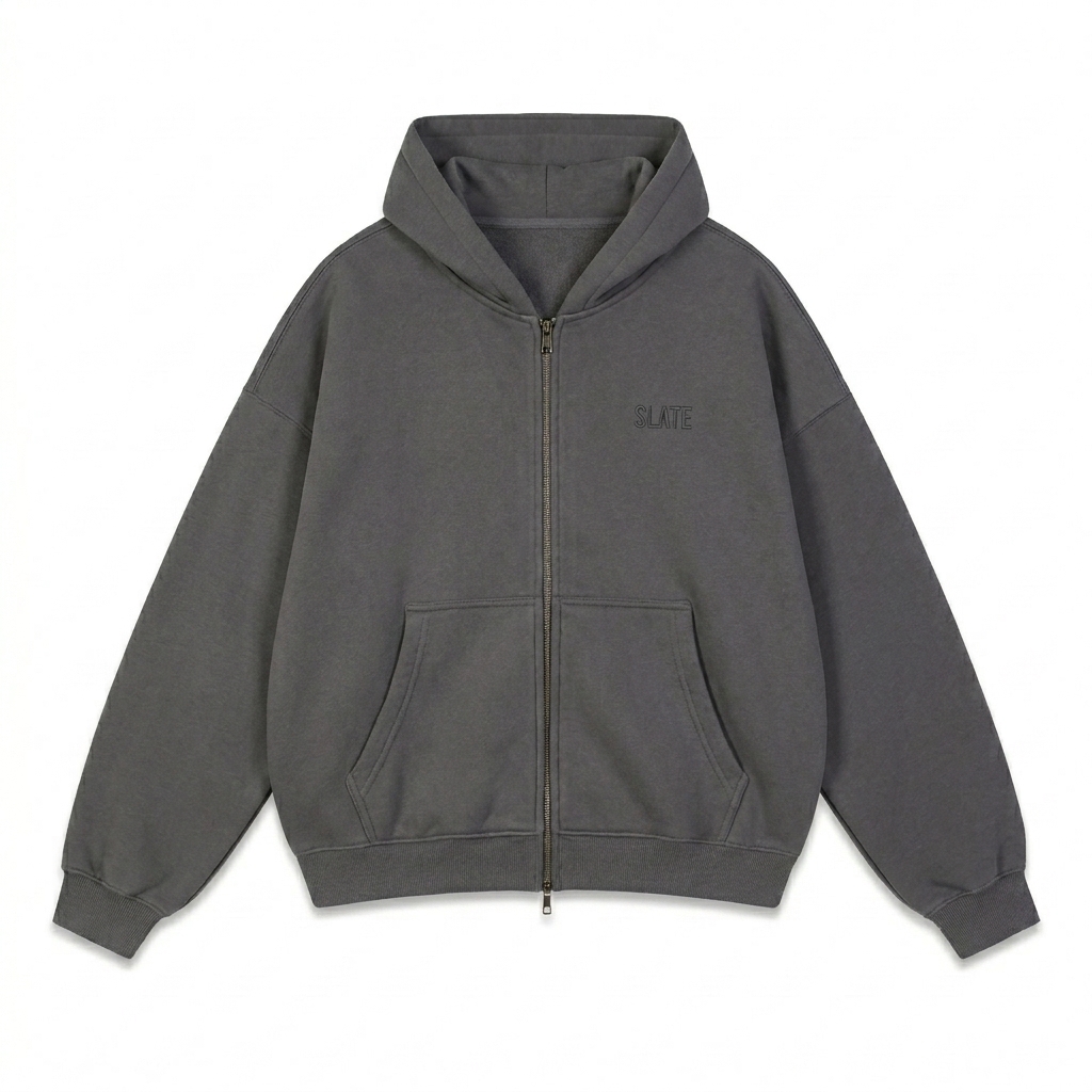 Custom Oversized Dual-Zip Fleece Hoodie design direction 1: Tonal Minimalist Wordmark featuring the SLATE wordmark