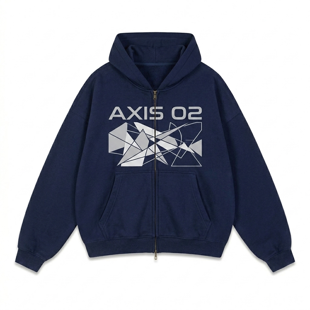 Custom Oversized Dual-Zip Fleece Hoodie design direction 2: Abstract Geometric Graphic featuring the AXIS 02 wordmark