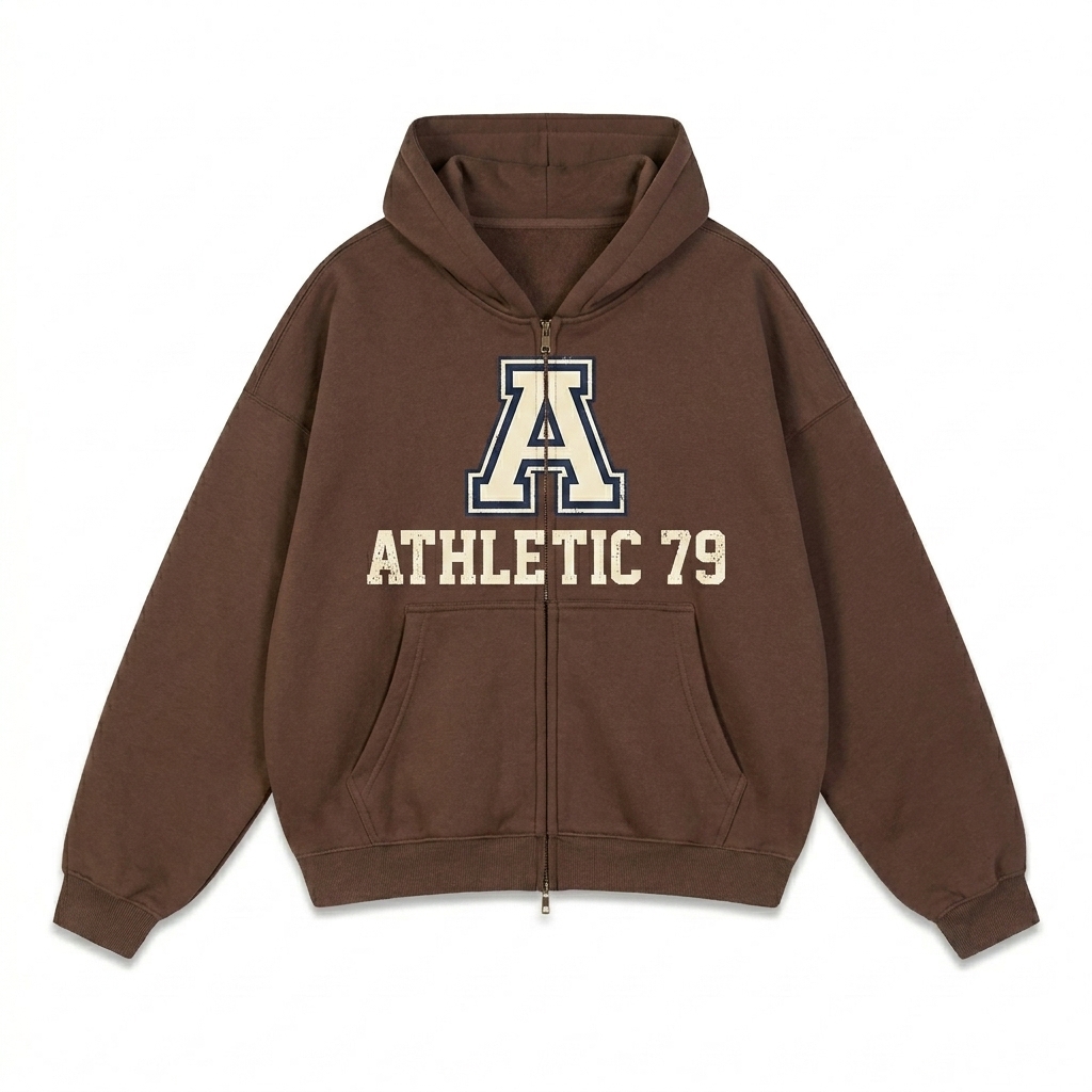 Custom Oversized Dual-Zip Fleece Hoodie design direction 3: Vintage University Patch featuring the ATHLETIC 79 wordmark