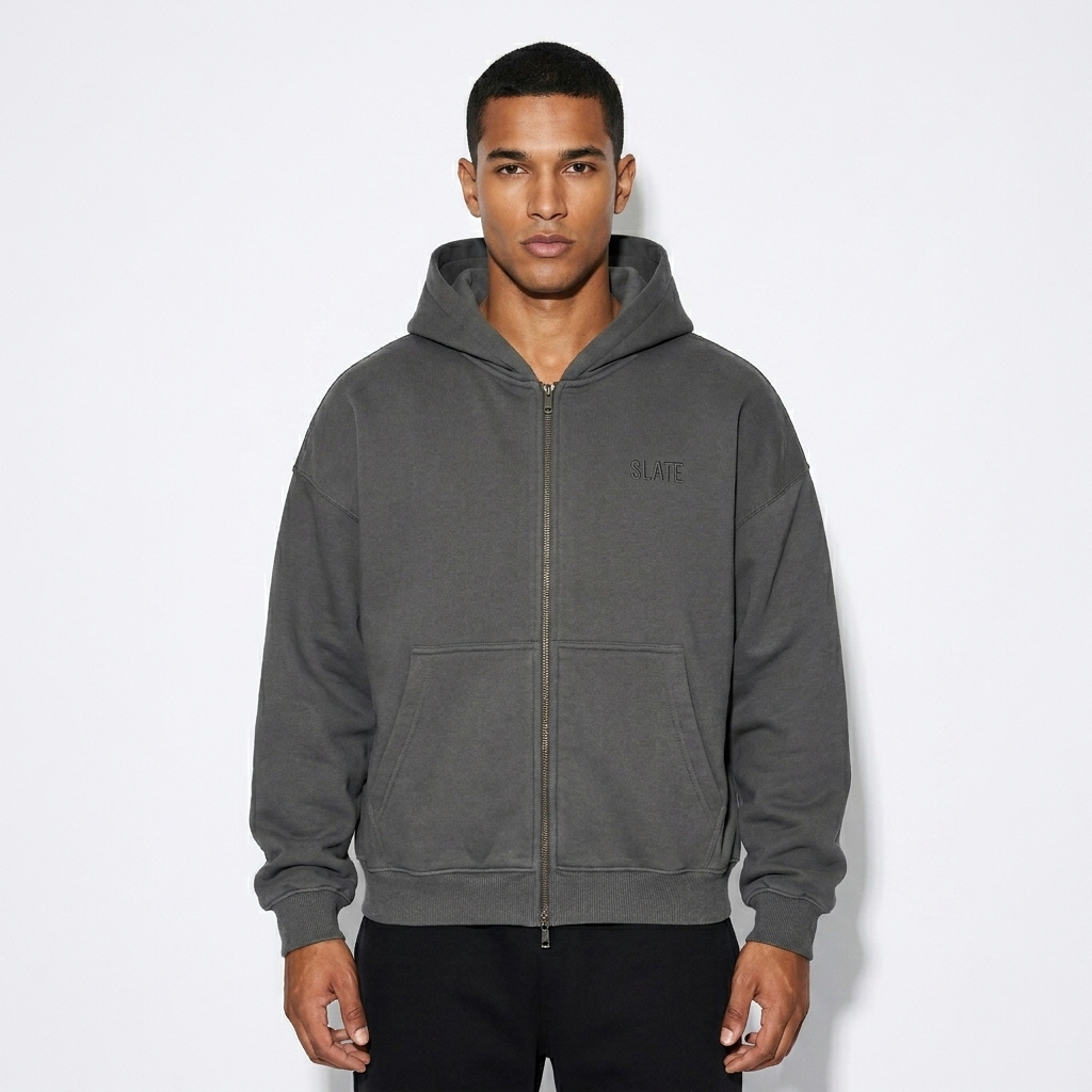 Oversized Dual-Zip Fleece Hoodie worn by a toned Brazilian male fashion influencer, downtown streetwear styling, studio lookbook — custom oversized dual-zip fleece hoodie