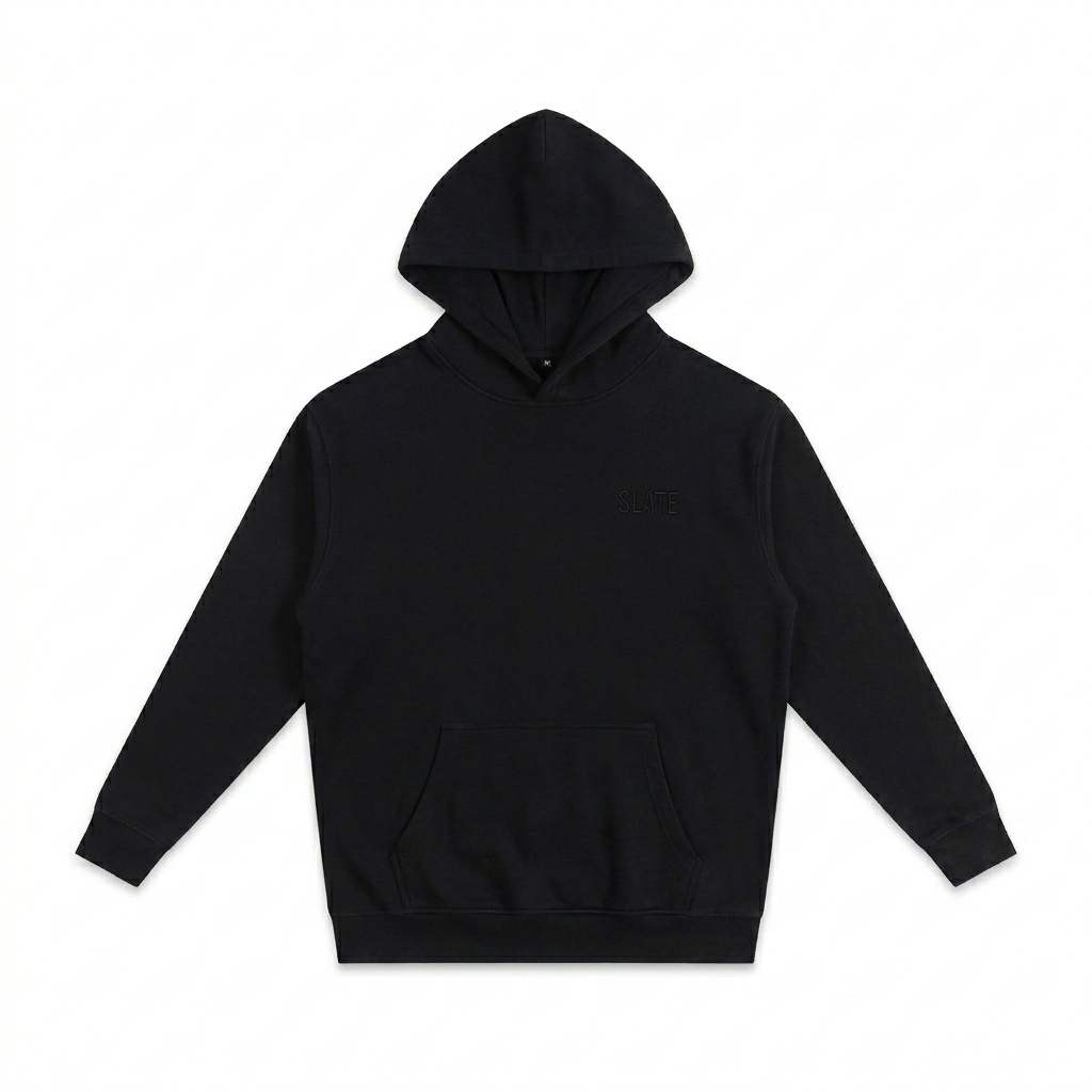 Custom Oversized Essential Hoodie design direction 1: Tonal Left Chest Wordmark featuring the SLATE wordmark