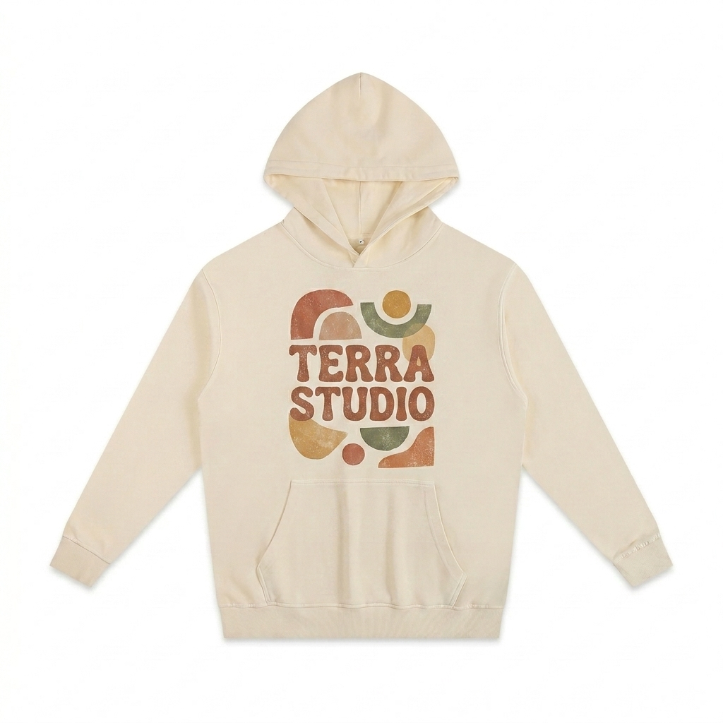 Custom Oversized Essential Hoodie design direction 2: Abstract Geometric Graphic featuring the TERRA STUDIO wordmark