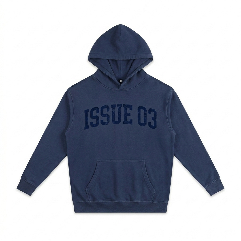 Custom Oversized Essential Hoodie design direction 3: Collegiate-Inspired Wordmark featuring the ISSUE 03 wordmark