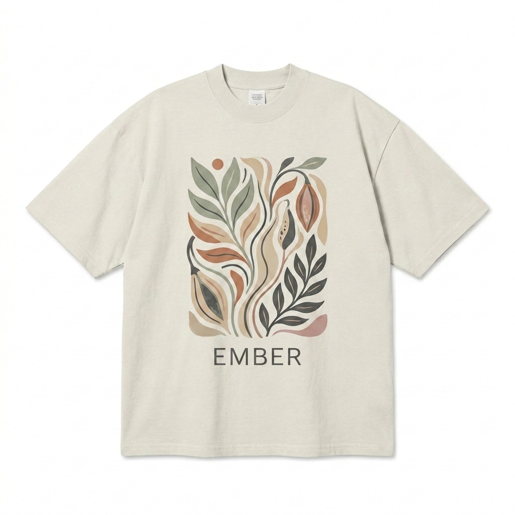 Custom Oversized Faded T-Shirt design direction 2: Bold Graphic Illustration featuring the EMBER wordmark