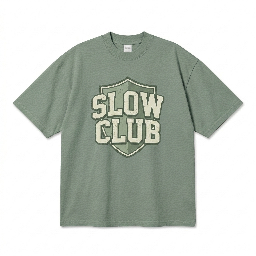 Custom Oversized Faded T-Shirt design direction 3: Retro Collegiate Emblem featuring the SLOW CLUB wordmark