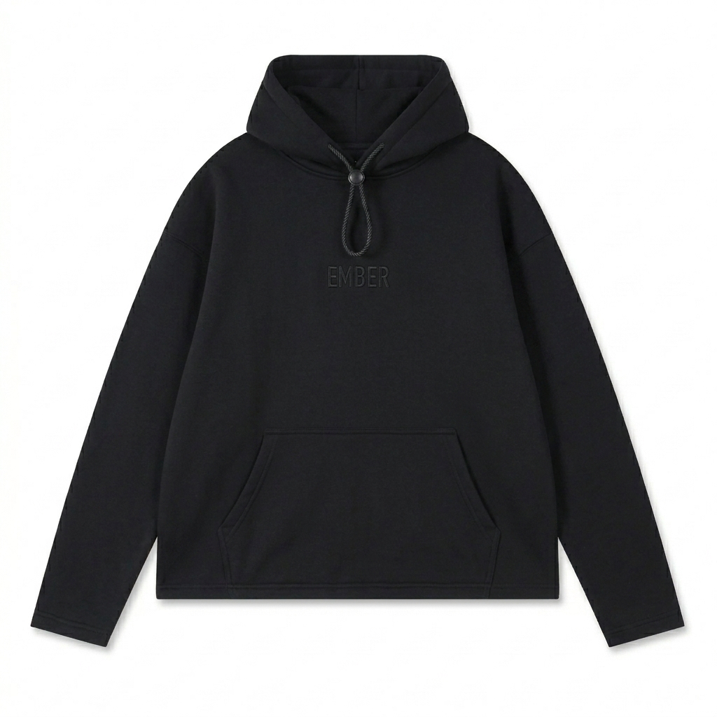 Custom Oversized Fleece Hoodie design direction 1: Tonal Minimalist Wordmark featuring the EMBER wordmark