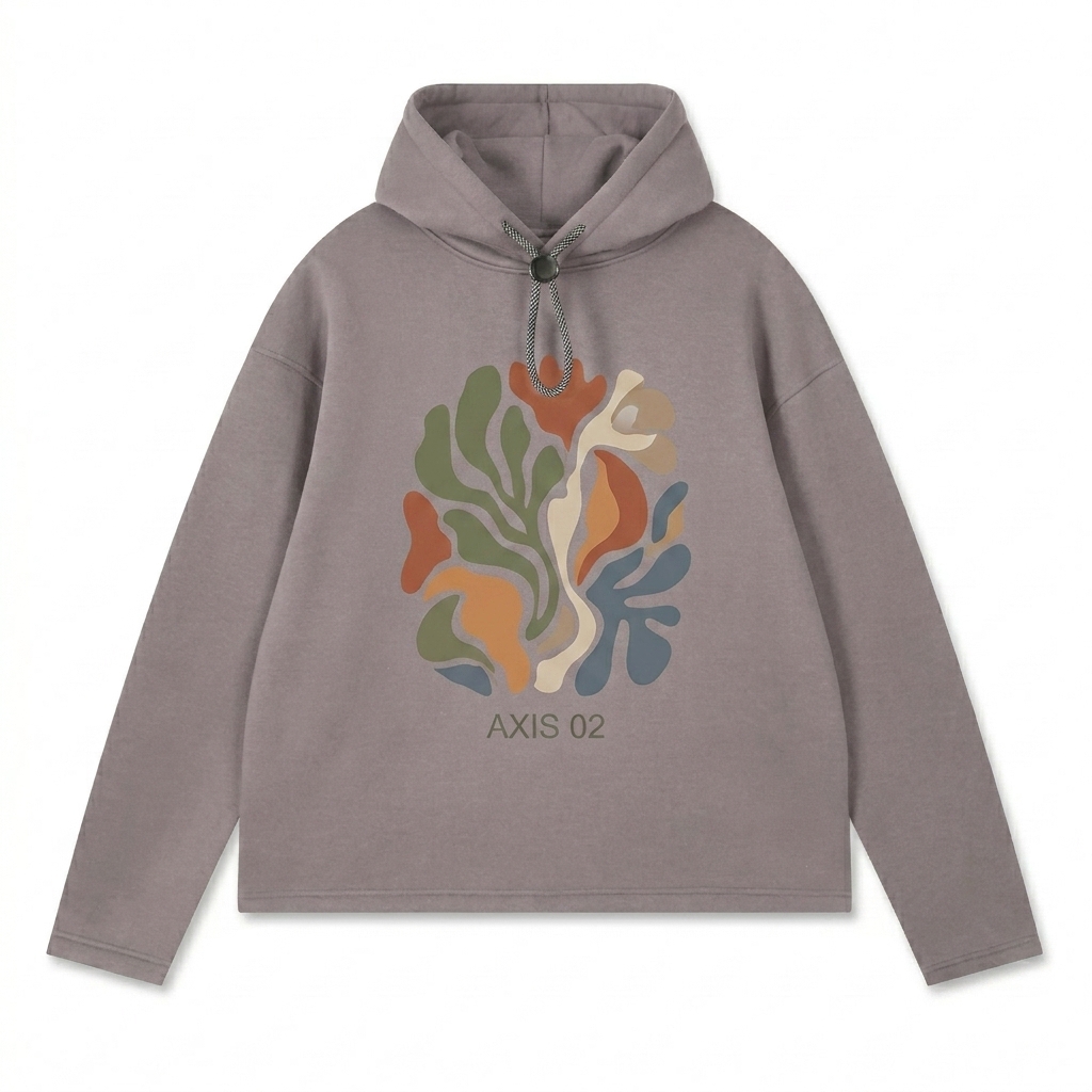 Custom Oversized Fleece Hoodie design direction 2: Bold Graphic Illustration featuring the AXIS 02 wordmark