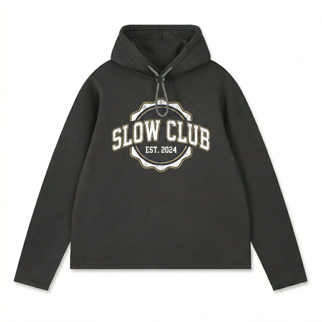 Custom Oversized Fleece Hoodie design direction 3: Retro Collegiate Emblem featuring the SLOW CLUB wordmark