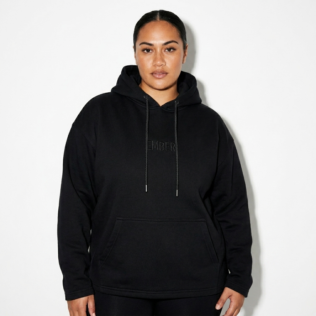 Oversized Fleece Hoodie worn by a curvy Māori female fashion influencer, workwear utility styling, studio lookbook — custom oversized fleece hoodie