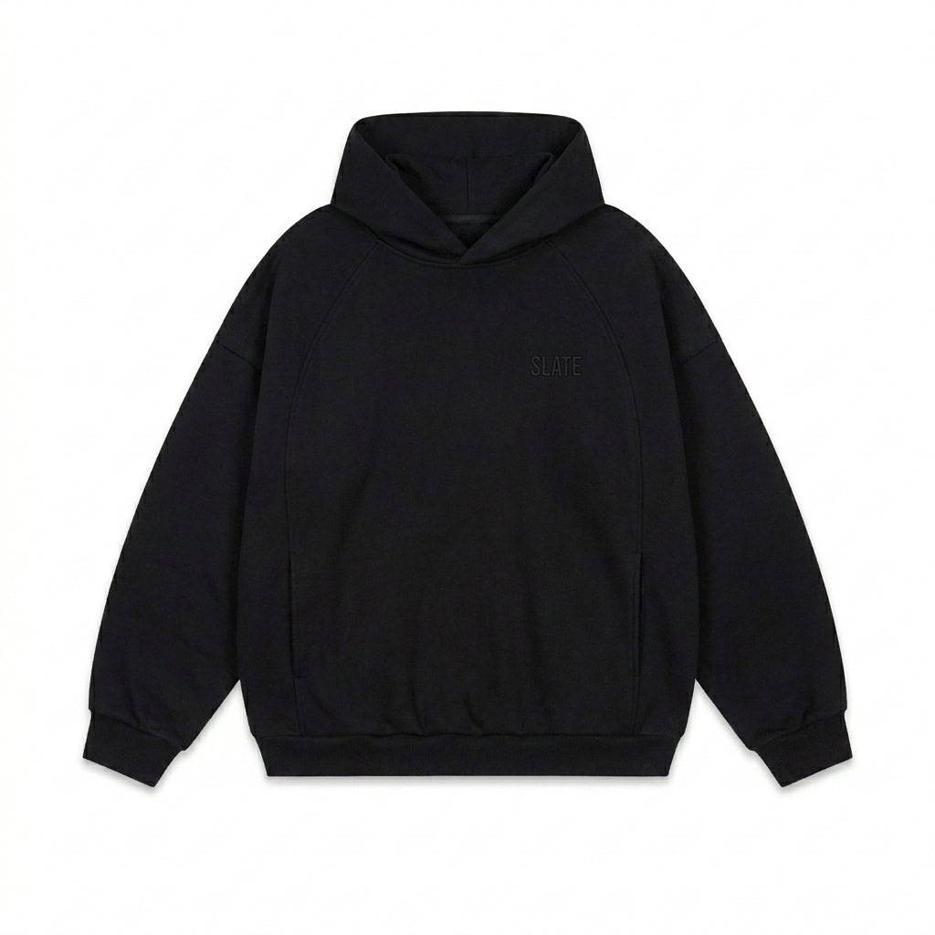Custom Oversized Fleece Pullover Hoodie design direction 1: Tonal Minimalist Wordmark featuring the SLATE wordmark