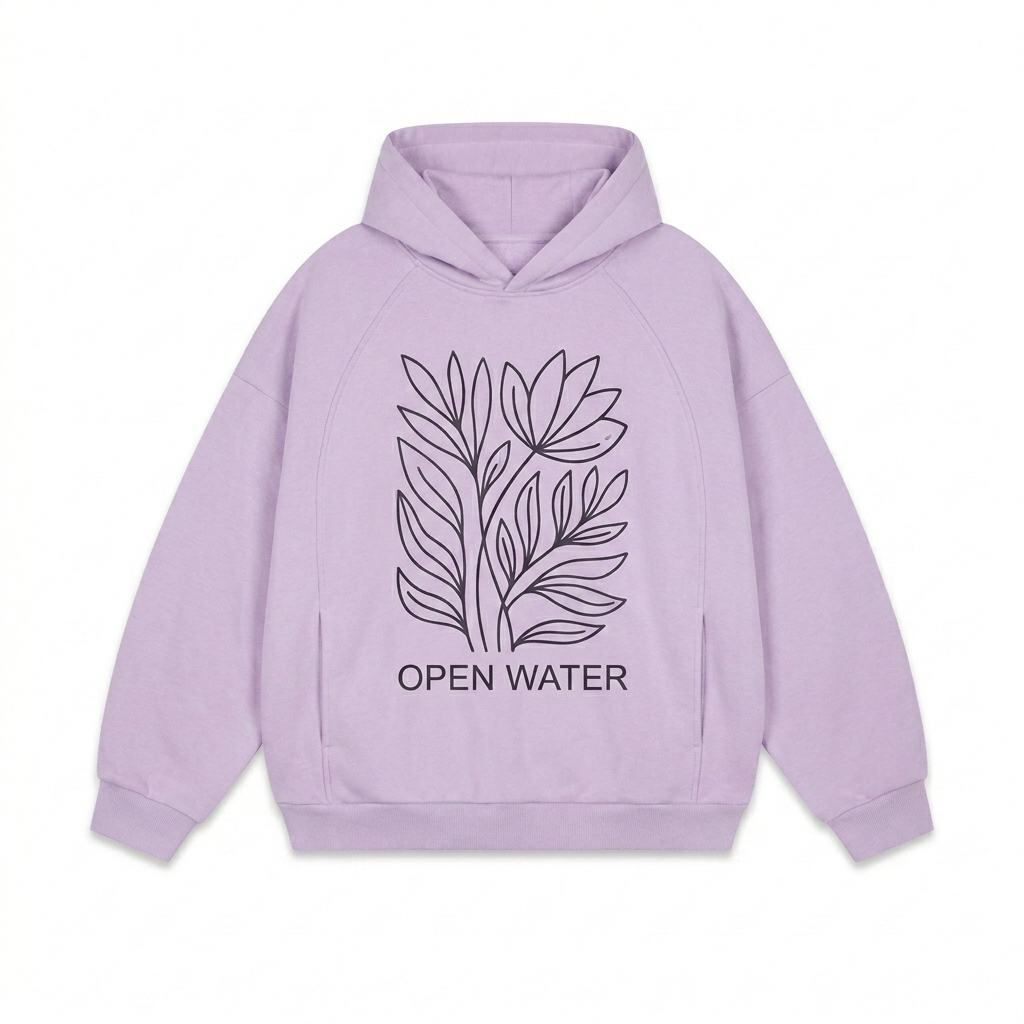 Custom Oversized Fleece Pullover Hoodie design direction 2: Bold Graphic Illustration featuring the OPEN WATER wordmark
