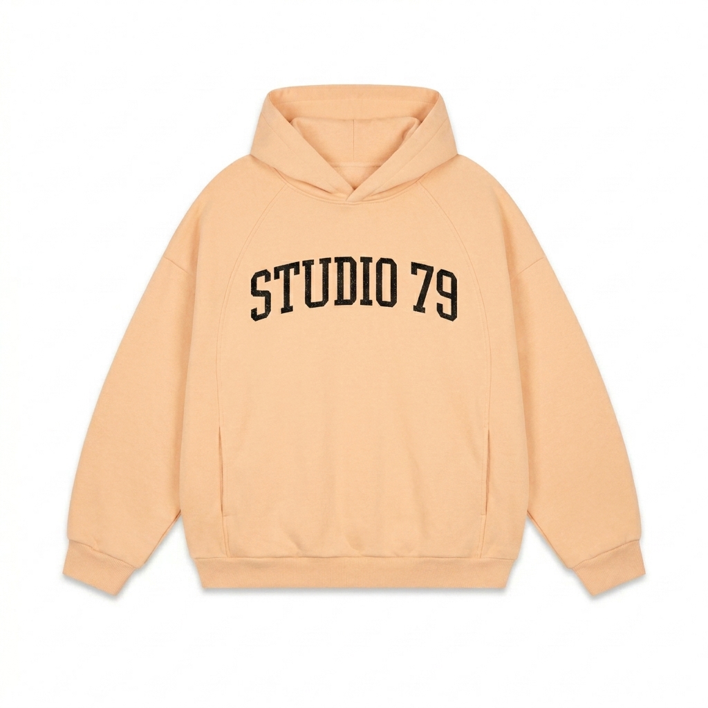 Custom Oversized Fleece Pullover Hoodie design direction 3: Retro Collegiate Type featuring the STUDIO 79 wordmark