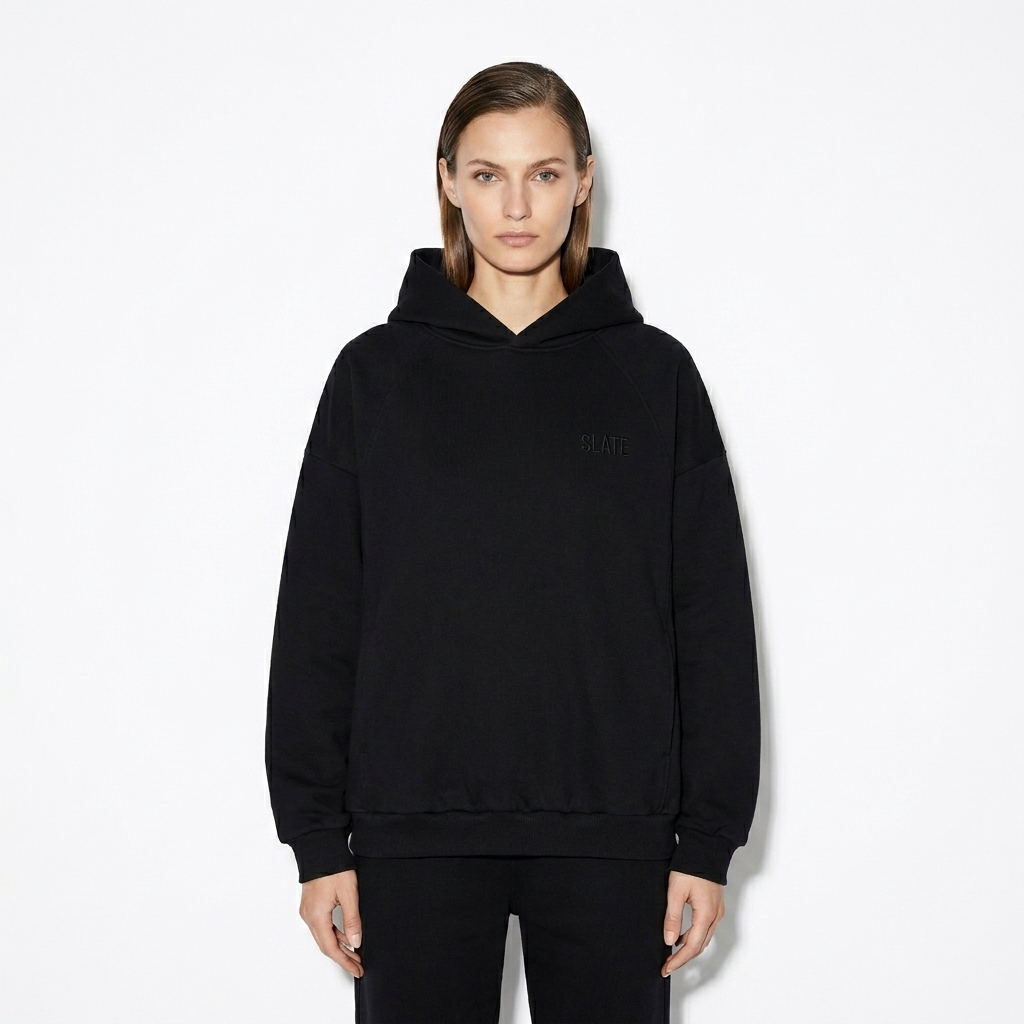 Oversized Fleece Pullover Hoodie worn by a slim tall German female fashion influencer, techwear modern styling, studio lookbook — custom oversized fleece pullover hoodie