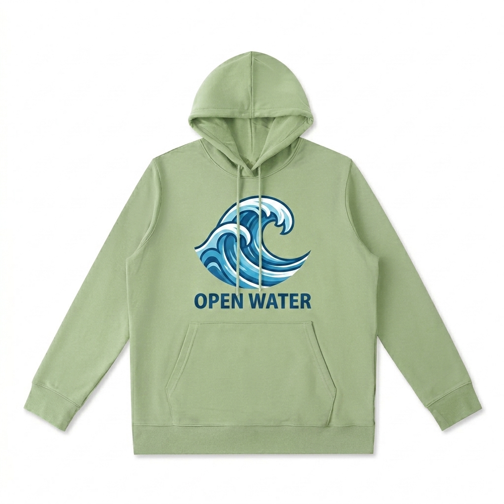Custom Oversized Heavyweight Hoodie design direction 2: Bold Graphic Illustration featuring the OPEN WATER wordmark
