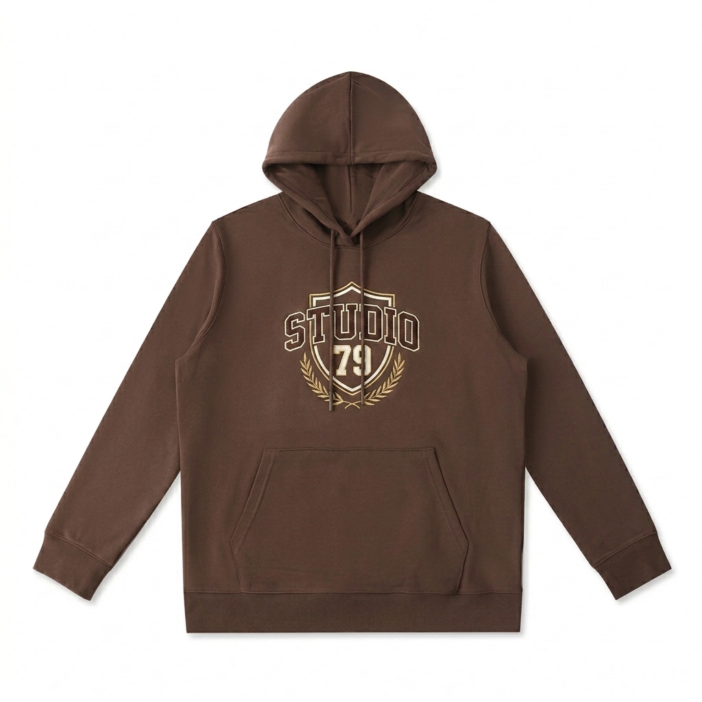 Custom Oversized Heavyweight Hoodie design direction 3: Retro Collegiate Emblem featuring the STUDIO 79 wordmark