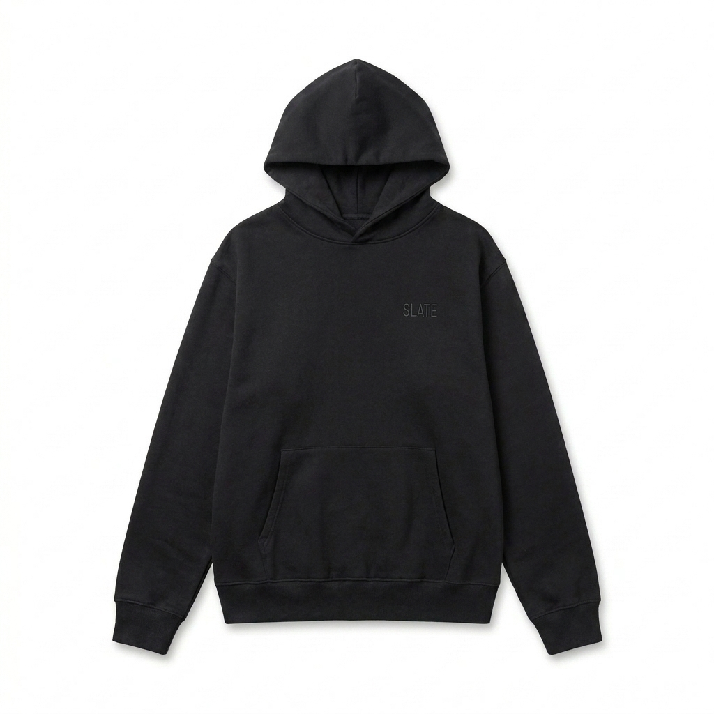 Custom Oversized Heavyweight Pullover Hoodie design direction 1: Tonal Left Chest Wordmark featuring the SLATE wordmark