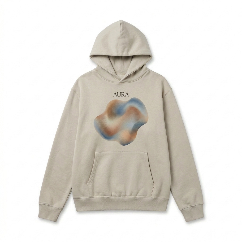 Custom Oversized Heavyweight Pullover Hoodie design direction 2: Bold Abstract Graphic featuring the AURA wordmark