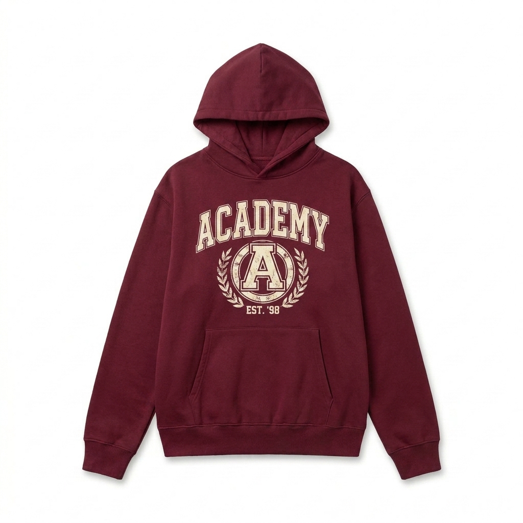 Custom Oversized Heavyweight Pullover Hoodie design direction 3: Retro Collegiate Emblem featuring the ACADEMY '98 wordmark