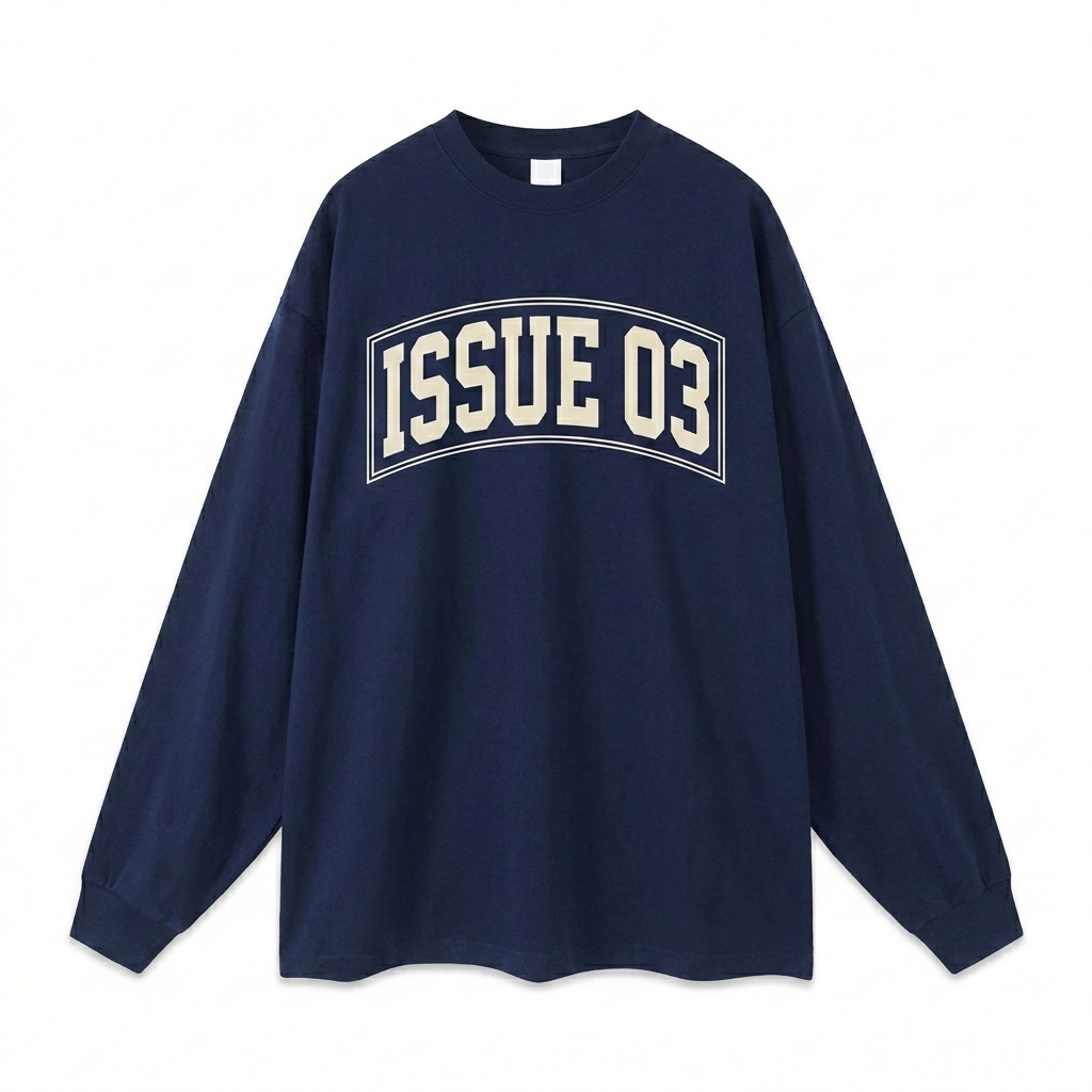 Custom Oversized Long Sleeve T-Shirt design direction 3: Retro Collegiate Emblem featuring the ISSUE 03 wordmark