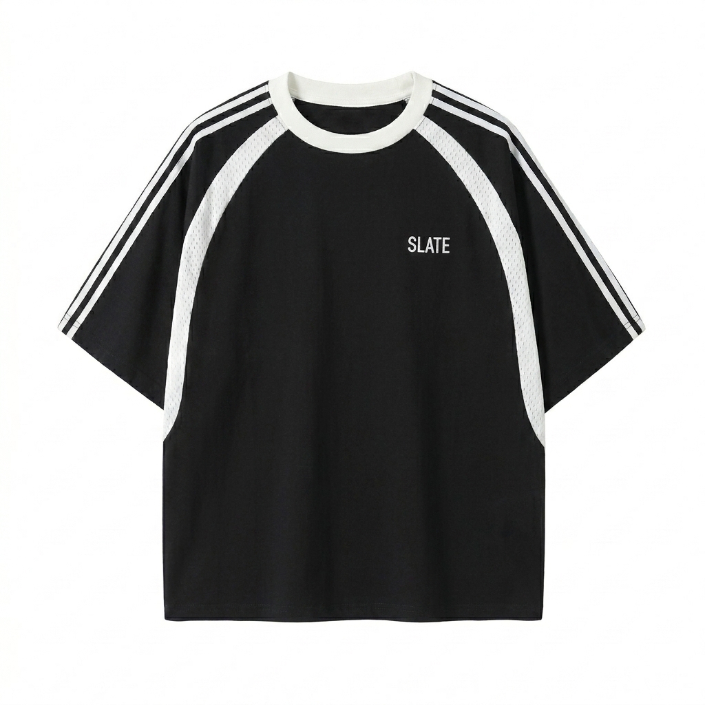 Custom Oversized Mesh Panel T-Shirt design direction 1: Tonal Minimalist Wordmark featuring the SLATE wordmark