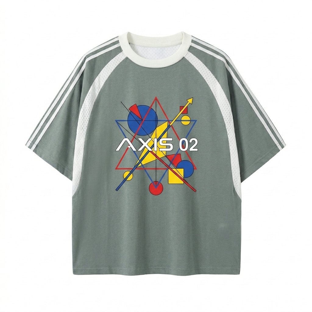 Custom Oversized Mesh Panel T-Shirt design direction 2: Bold Geometric Graphic featuring the AXIS 02 wordmark