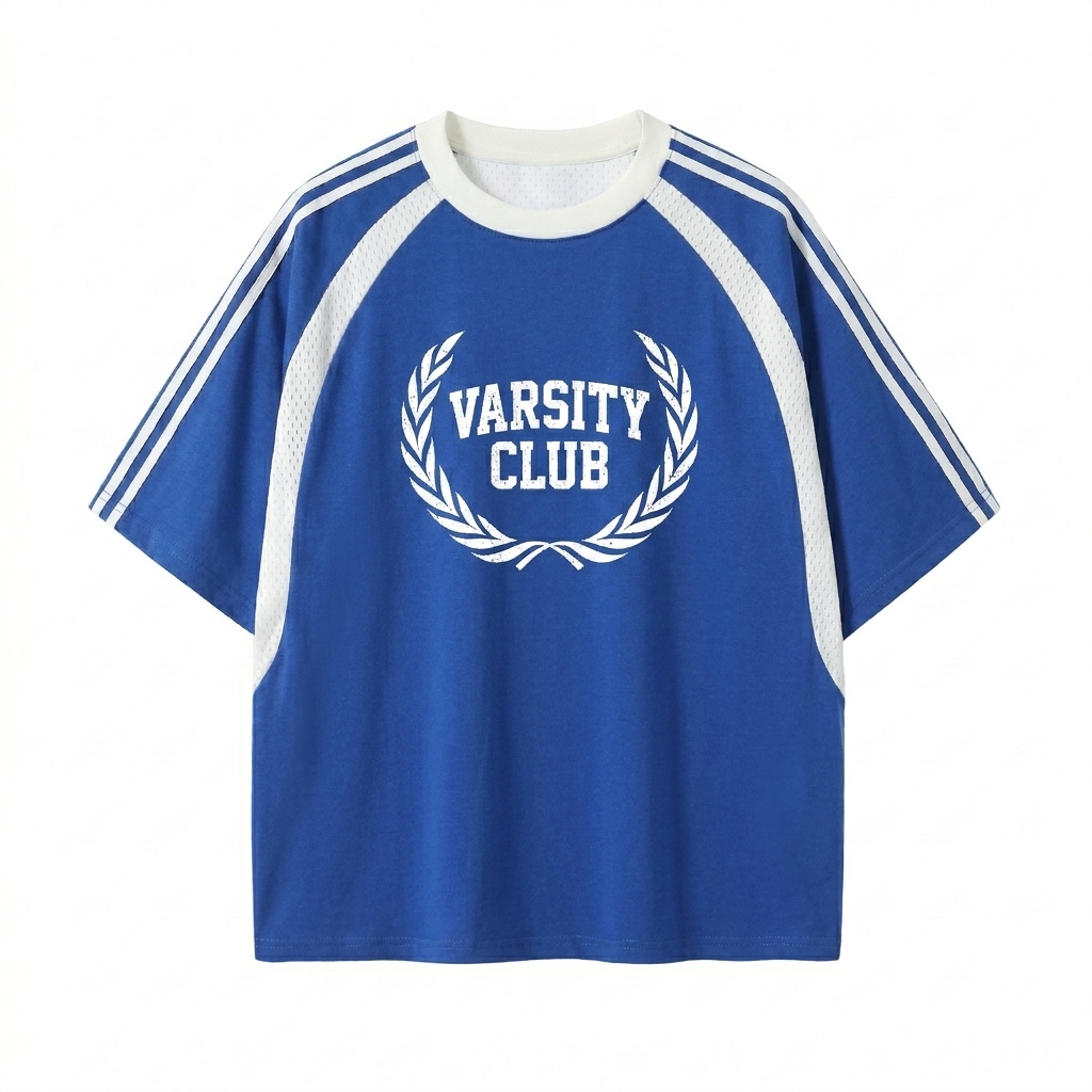 Custom Oversized Mesh Panel T-Shirt design direction 3: Retro Collegiate Emblem featuring the VARSITY CLUB wordmark