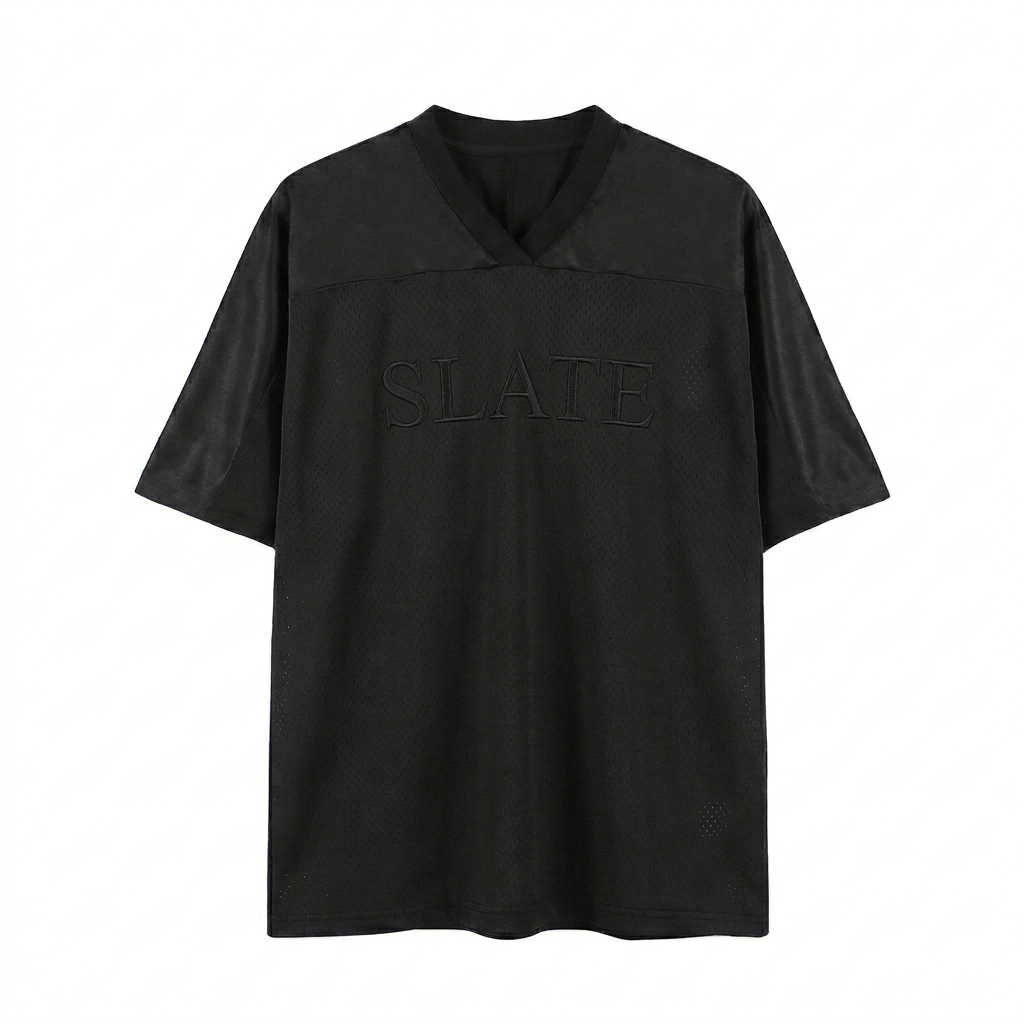 Custom Oversized Mesh V-Neck Soccer Jersey design direction 1: Tonal Minimalist Wordmark featuring the SLATE wordmark