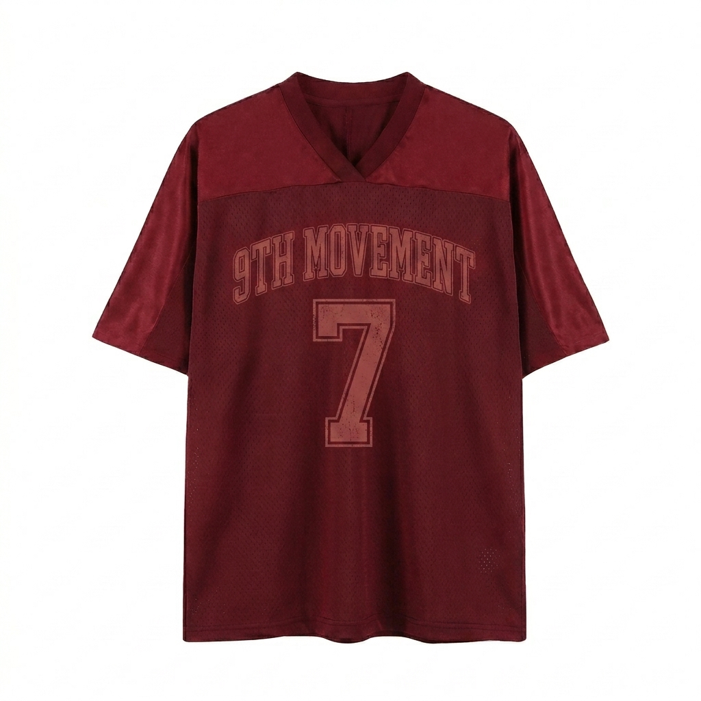Custom Oversized Mesh V-Neck Soccer Jersey design direction 2: Retro Collegiate Graphic featuring the 9TH MOVEMENT wordmark