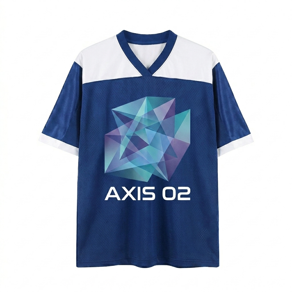 Custom Oversized Mesh V-Neck Soccer Jersey design direction 3: Abstract Geometric Illustration featuring the AXIS 02 wordmark