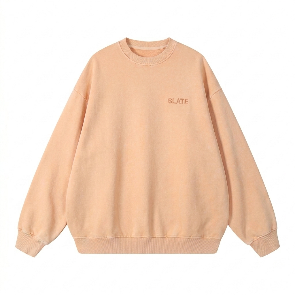 Custom Oversized Snow Wash Sweatshirt design direction 1: Tonal Minimalist Wordmark featuring the SLATE wordmark