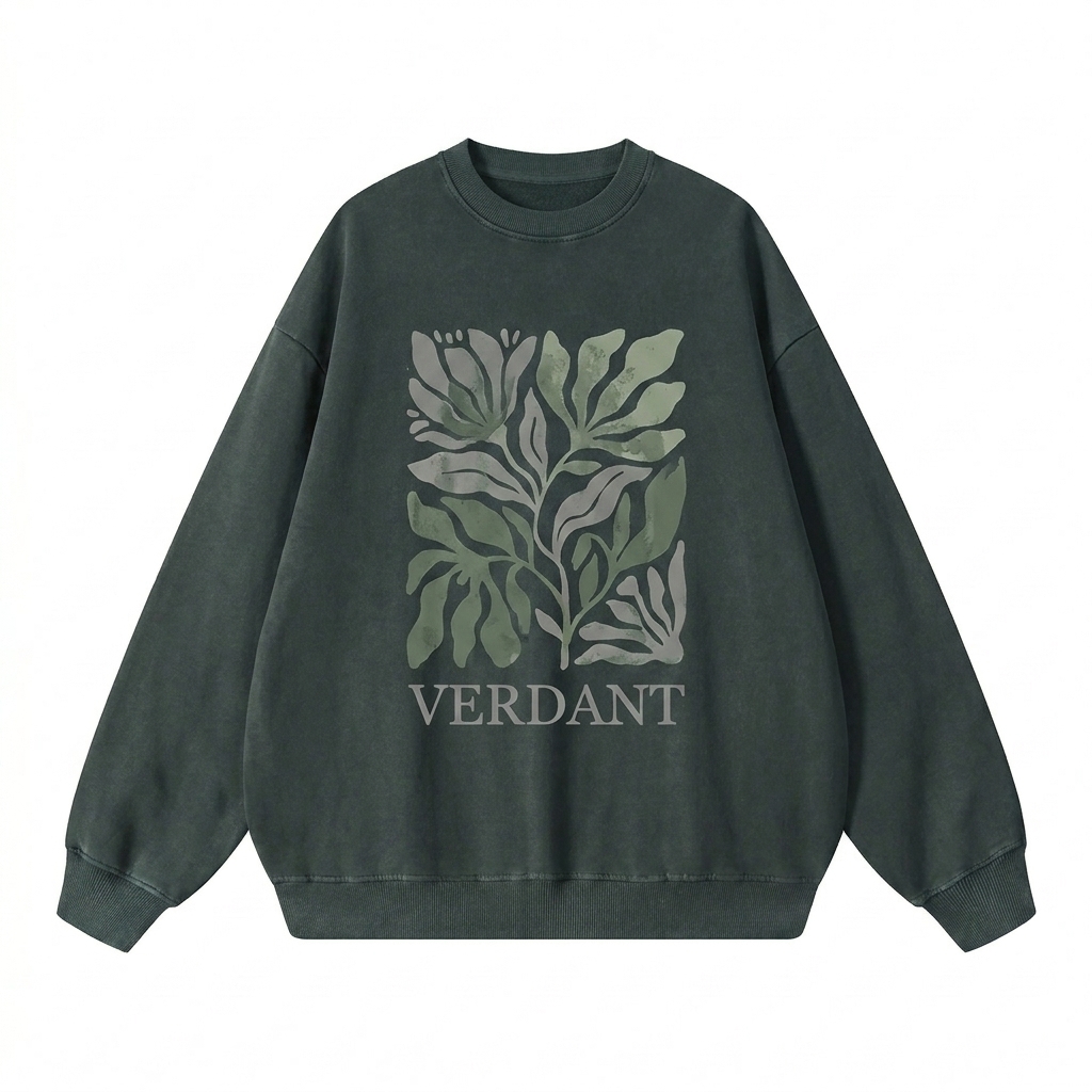 Custom Oversized Snow Wash Sweatshirt design direction 2: Bold Graphic Illustration featuring the VERDANT wordmark