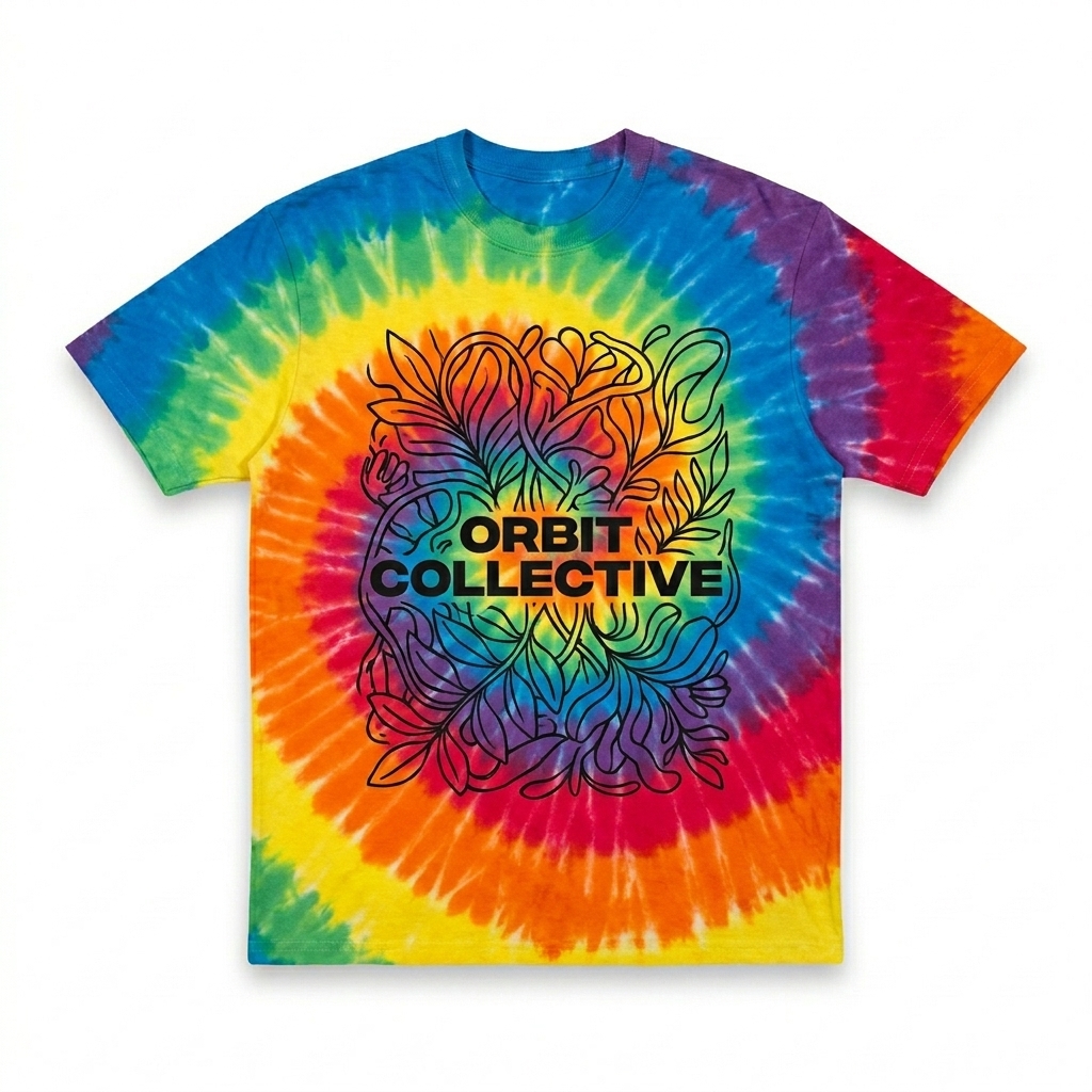 Custom Oversized Tie-Dye T-Shirt design direction 2: Bold Abstract Graphic featuring the ORBIT COLLECTIVE wordmark