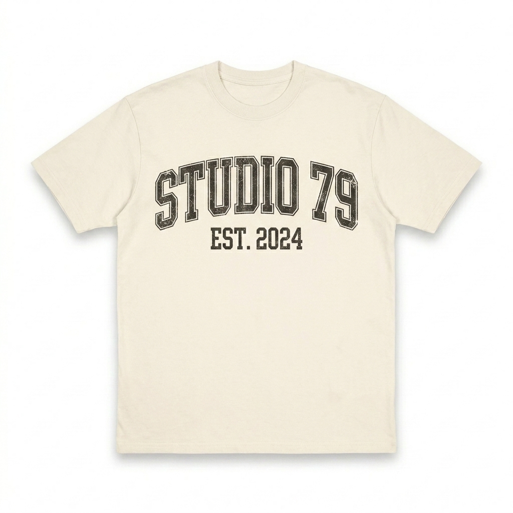 Custom Oversized Tie-Dye T-Shirt design direction 3: Retro Collegiate Emblem featuring the STUDIO 79 wordmark