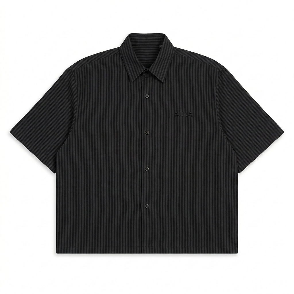 Custom Oversized Vertical Stripe Shirt design direction 1: Tonal Identity featuring the AURA wordmark