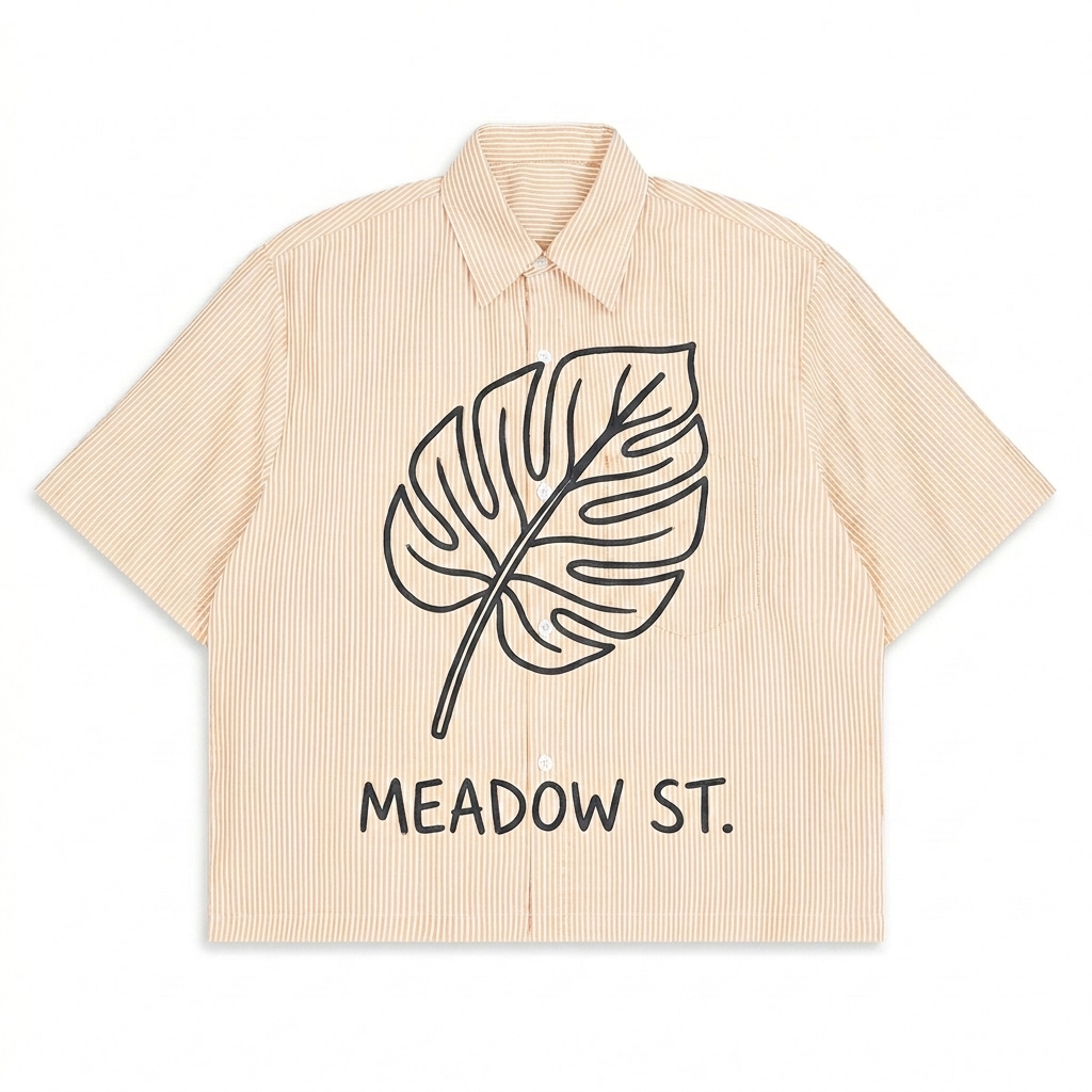 Custom Oversized Vertical Stripe Shirt design direction 2: Botanical Sketch featuring the MEADOW ST. wordmark