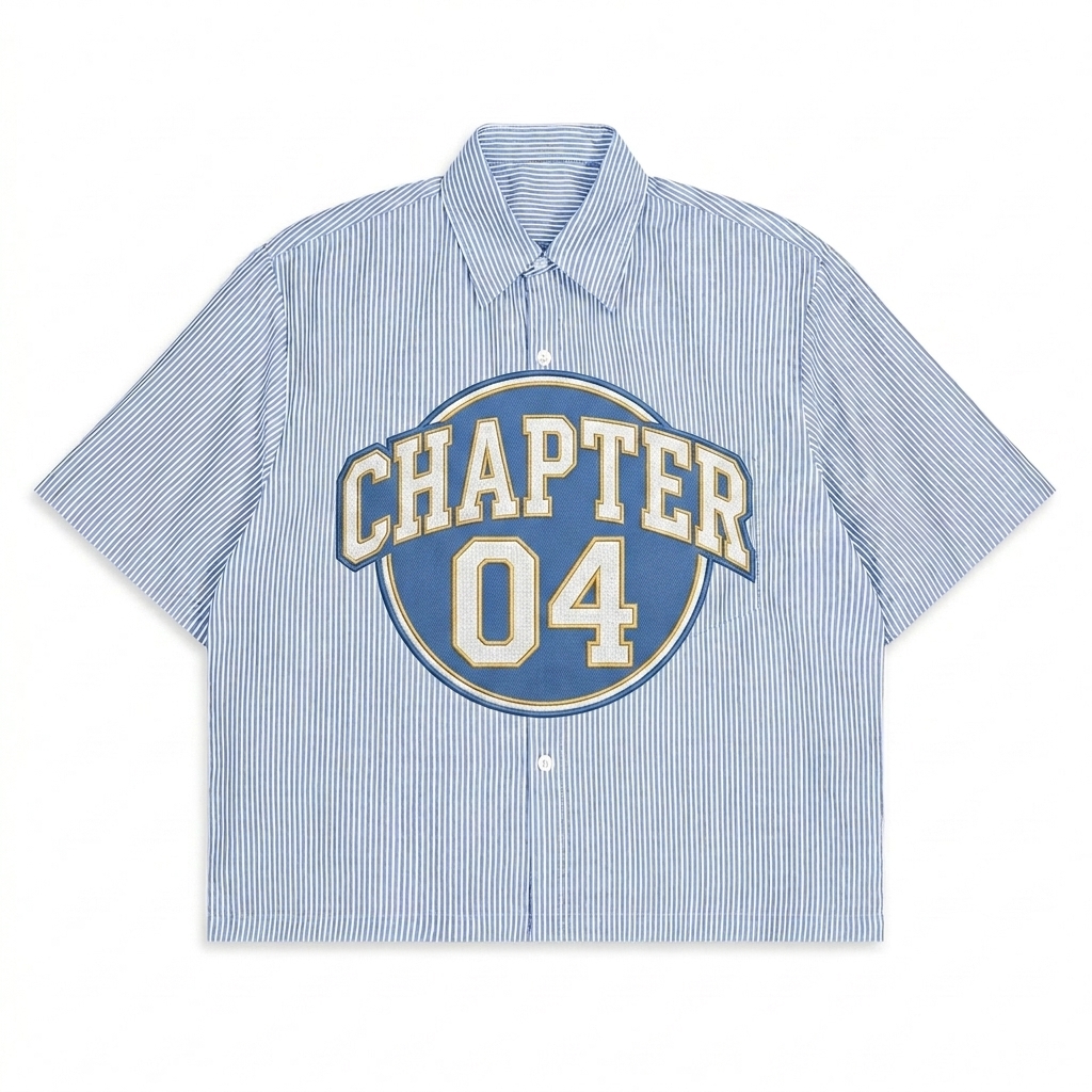 Custom Oversized Vertical Stripe Shirt design direction 3: Varsity Emblem featuring the CHAPTER 04 wordmark