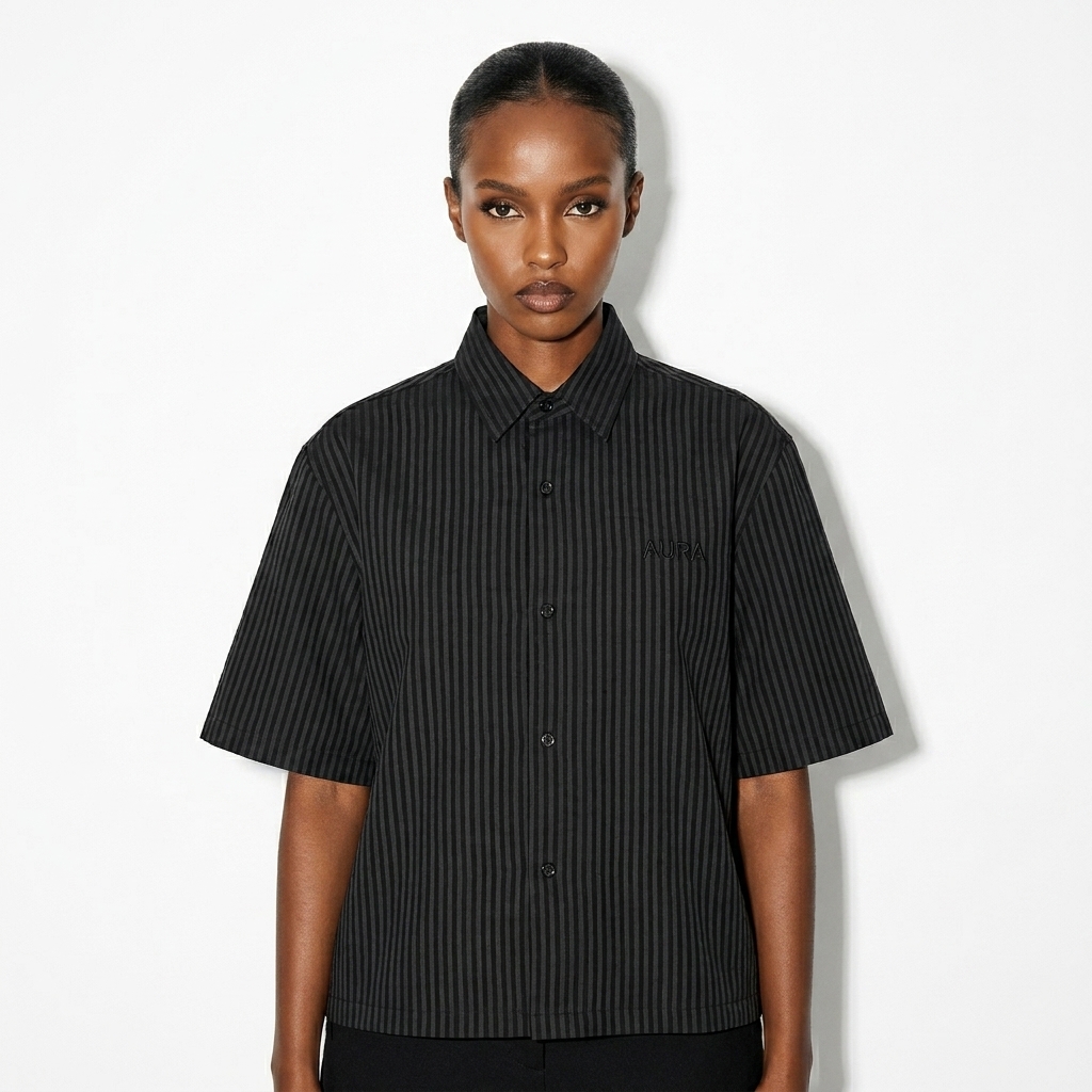 Oversized Vertical Stripe Shirt worn by a petite East African female fashion influencer, sporty athleisure styling, studio lookbook — custom oversized vertical stripe shirt