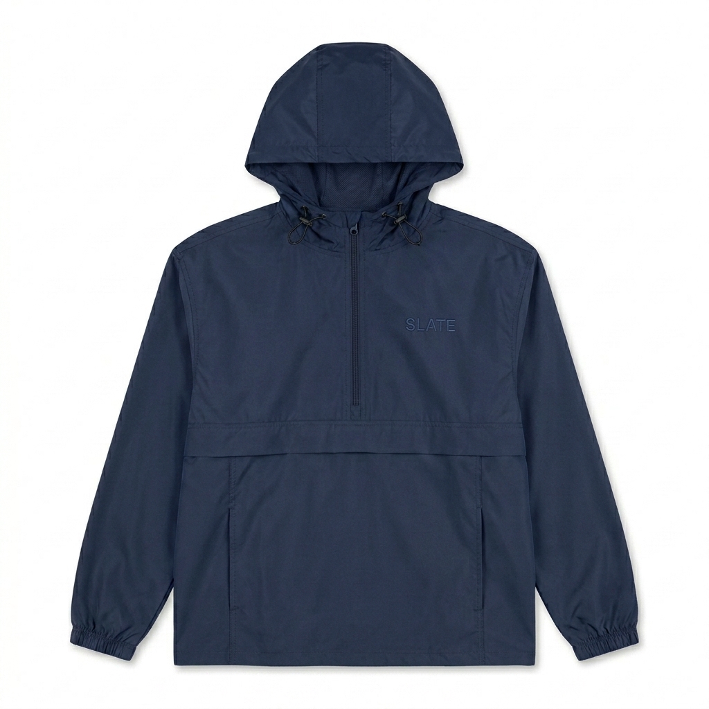 Custom Packable Anorak Jacket design direction 1: Tonal Minimalist Wordmark featuring the SLATE wordmark