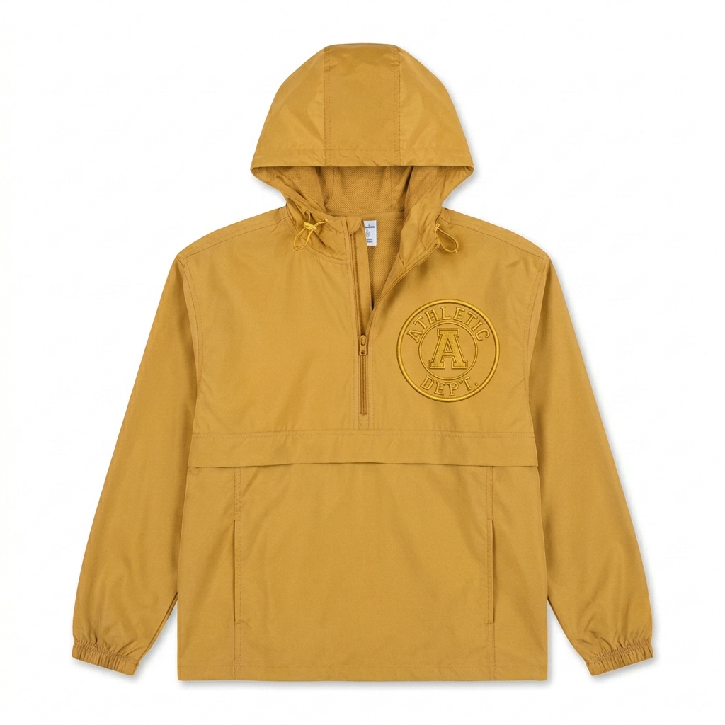 Custom Packable Anorak Jacket design direction 2: Retro Collegiate Emblem featuring the ATHLETIC DEPT. wordmark